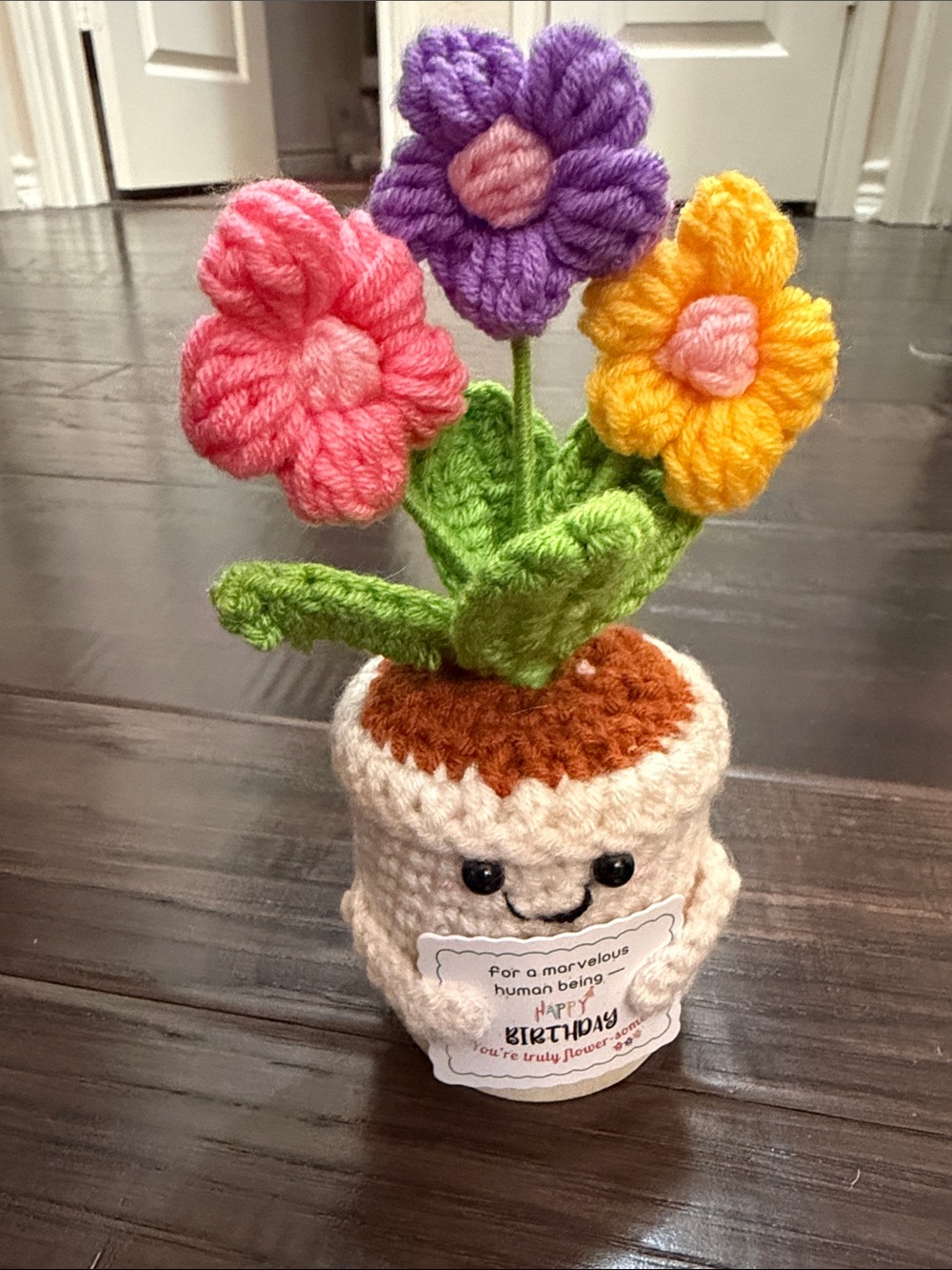 Crochet Flower Pot Birthday Message New Yellow Pink Purple Crème Green